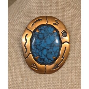 Vintage Solid Copper Faux Turquoise Bell Trading Co Bolo Tie Buckle Southwestern